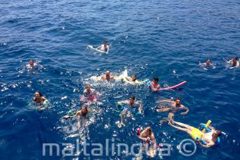 Eine große Gruppe an Englischsprachschülern schwimmt zusammen