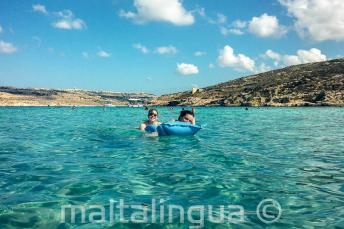 Sprachschüler schwimmen in der blauen Lagune in Comino